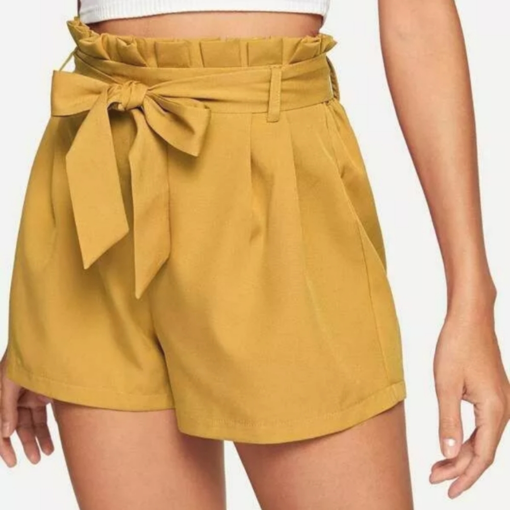 Active USA Womens Large Mustard Yellow High Waist Shorts Tie Paperbag